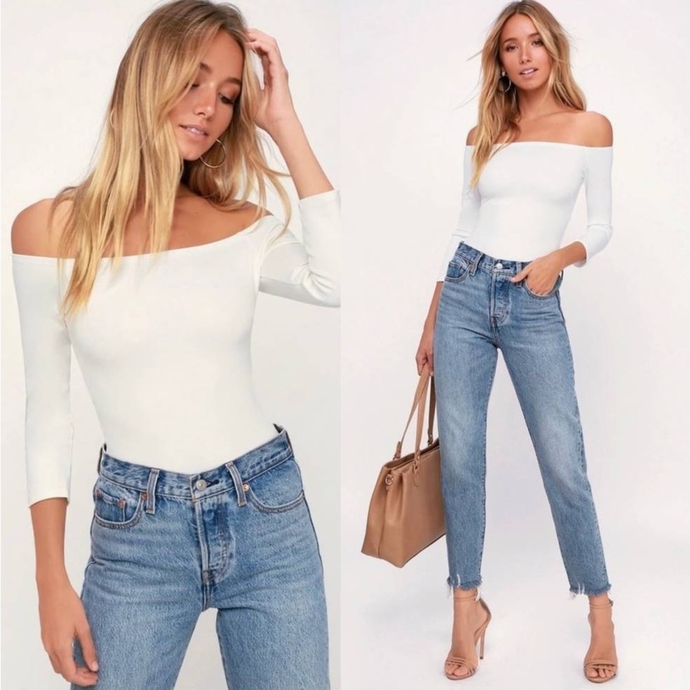 NWT Lulu’s Like A Bird, 3/4 sleeve off-the-shoulder white bodysuit size Small